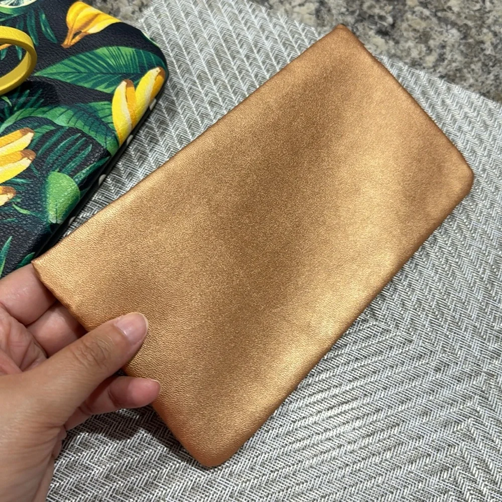 Ipsy Bundle Wristlets Bronze Wicker Summer & Banana Polka Dot Design Clutch